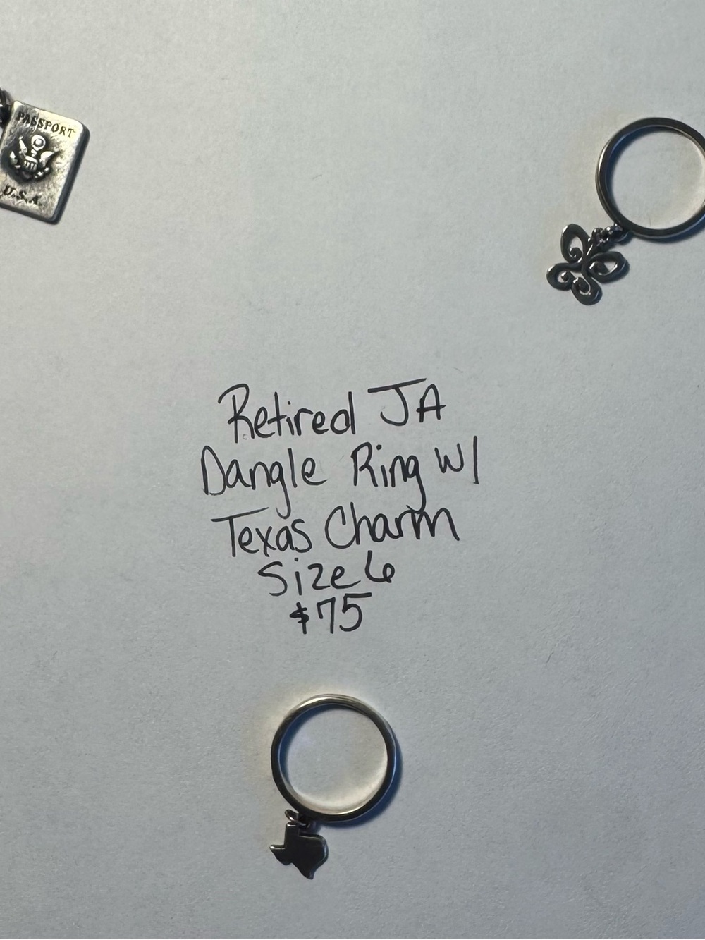 Retired James Avery Silver Dangle Ring with Texas Charm